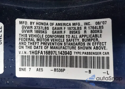 2007 Honda Civic Ex z USA, uszkodzony, nr VIN 1HGFA16897L143940
